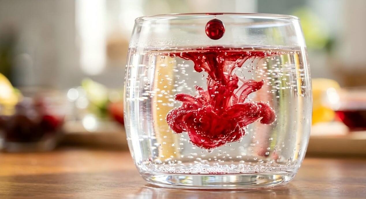 A stunning close-up of vibrant liquid flavoring extract being dropped into a sparkling beverage with artistic dispersion.