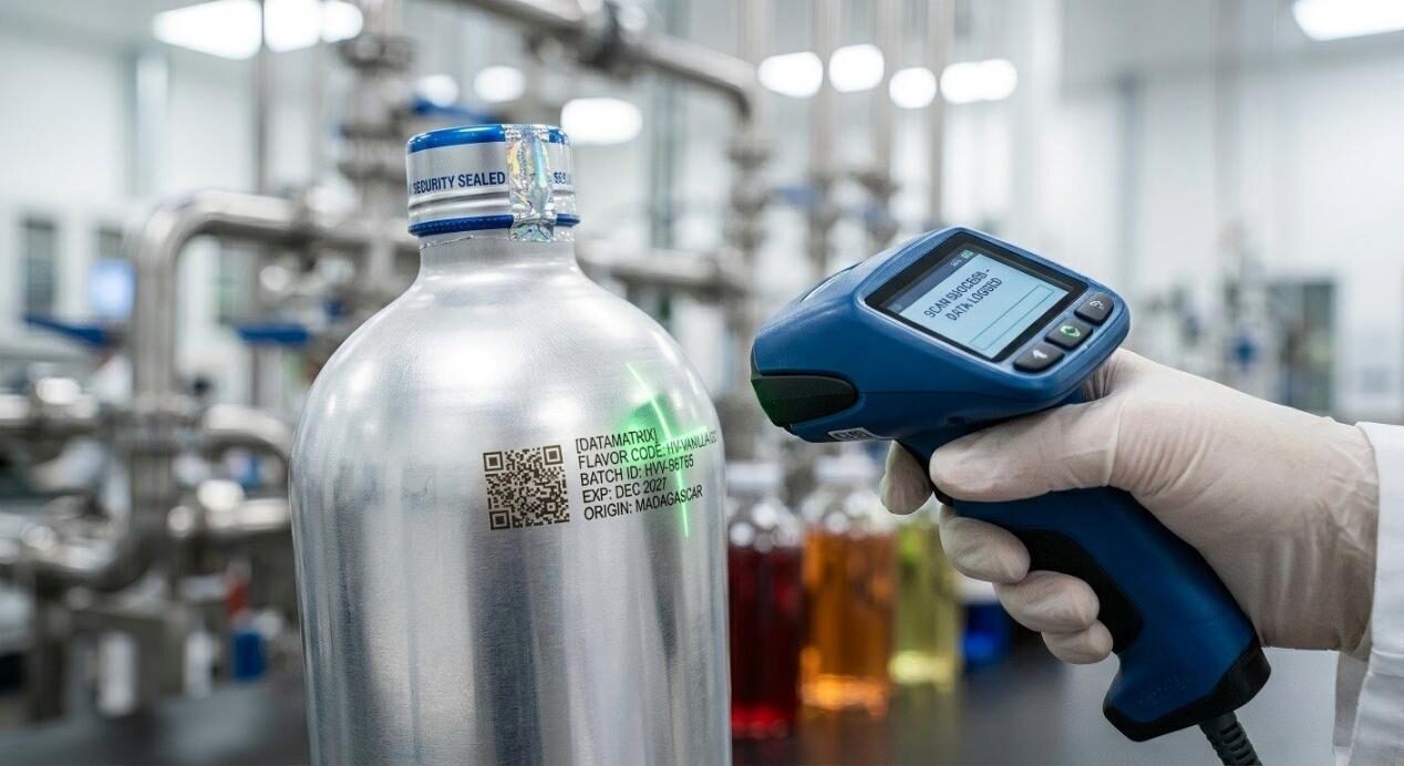 A macro shot focusing on the scanning of a 2D DataMatrix code on a specialized flavor flask for precision track-and-trace.