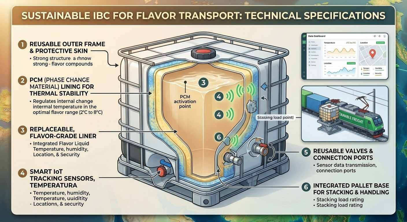 Technical cross-section of a sustainable IBC for flavor transport featuring PCM lining and IoT sensors.