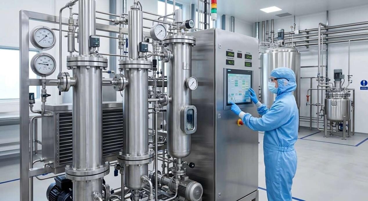 Technical photograph of a state-of-the-art Supercritical CO2 extraction machine operated by a technician in a modern, gleaming stainless steel cleanroom setting.