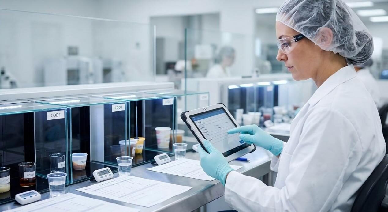 Lab technician performing precise sensory analysis and inputting data into a LIMS system for food quality control.