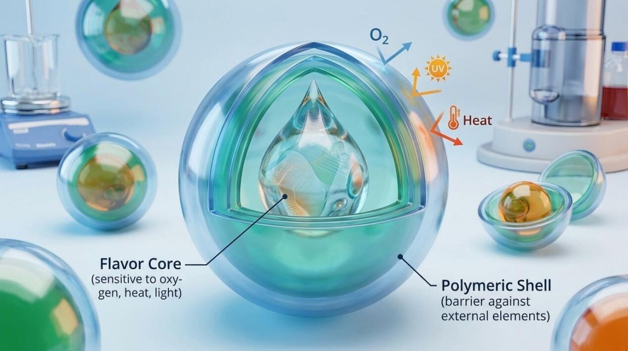 3D visualization of flavor encapsulation, showing a polymeric shell protecting a sensitive flavor core from heat, light, and oxygen.