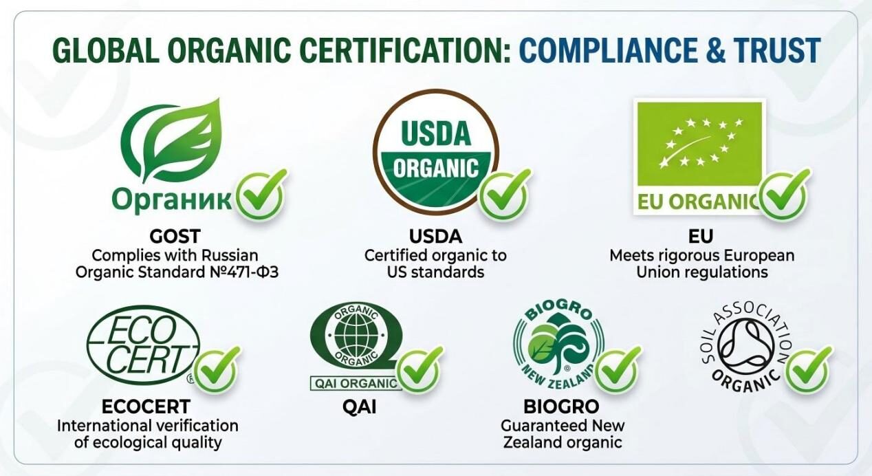 A clean, professional graphic compilation of major global certification logos including USDA Organic, EU Euro-leaf, and GOST Organic on a crisp white background.
