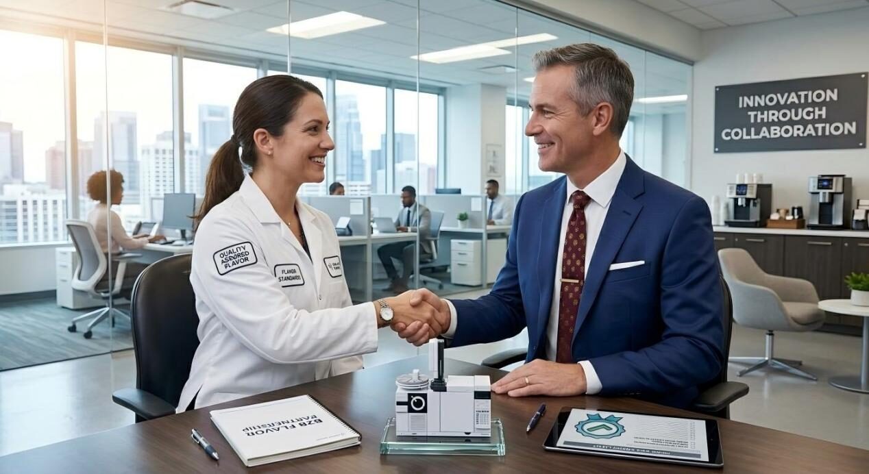 A scientist and a business executive shake hands in a modern corporate office, symbolizing innovation through collaboration and professional trust.