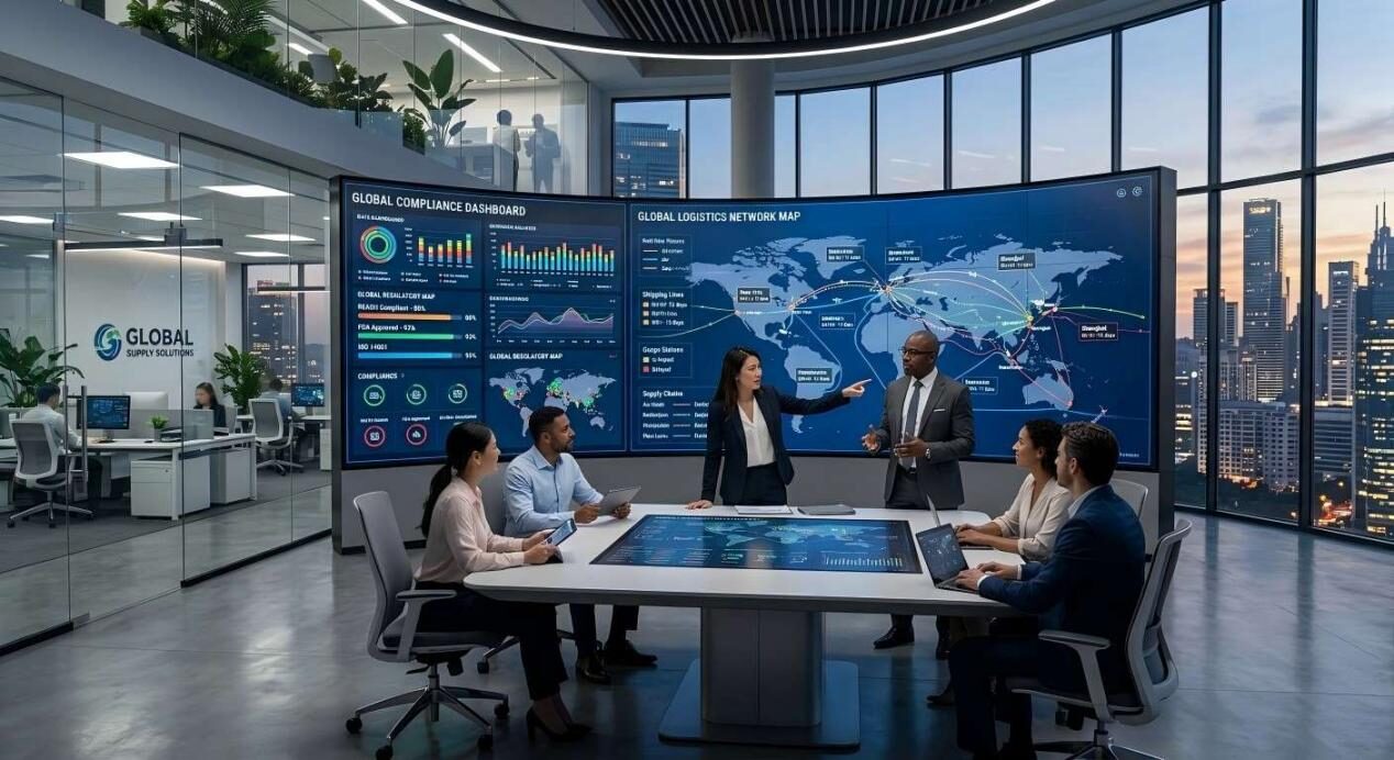See our global teams collaborating in a sophisticated, modern office equipped with interactive displays for real-time logistics and compliance management.