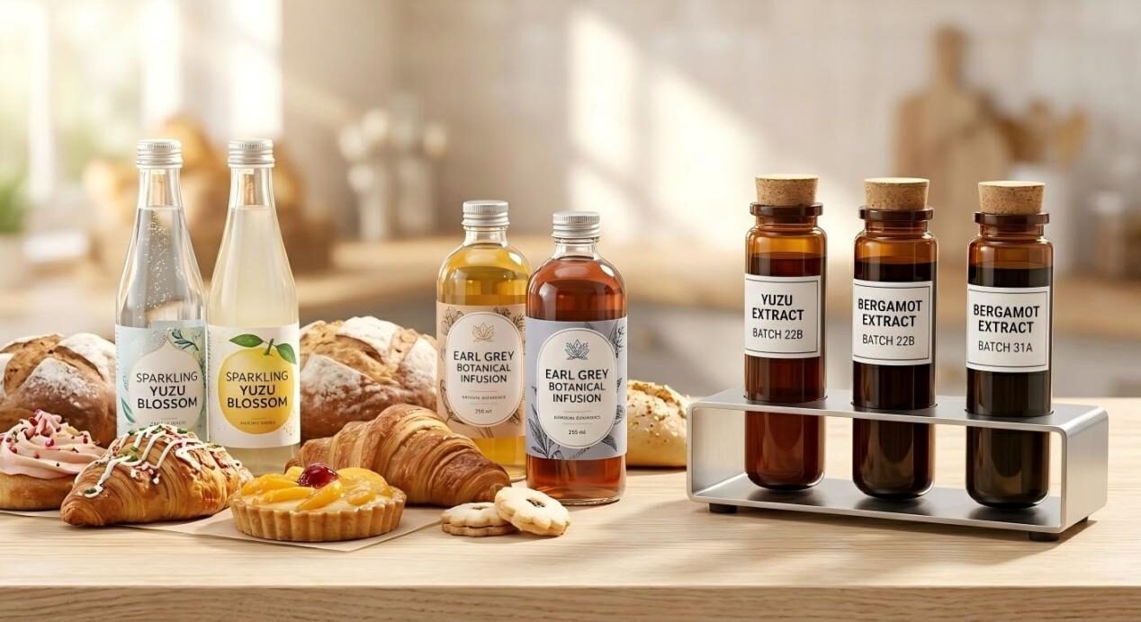 A display of premium beverages and baked goods alongside pristine amber glass laboratory vials containing high-quality flavor extracts.