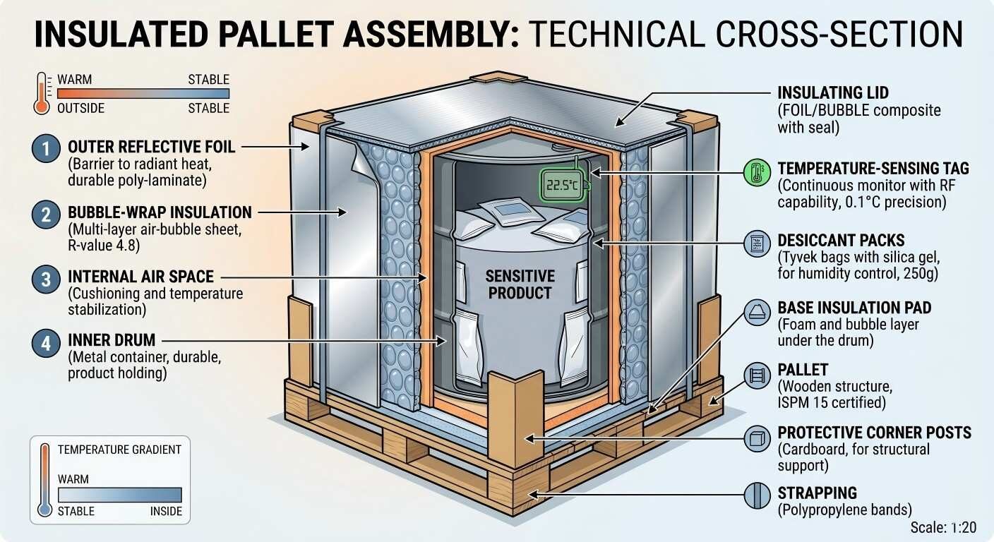 Detailed technical diagram showing the multi-layer insulation and monitoring systems of a professional shipping pallet.