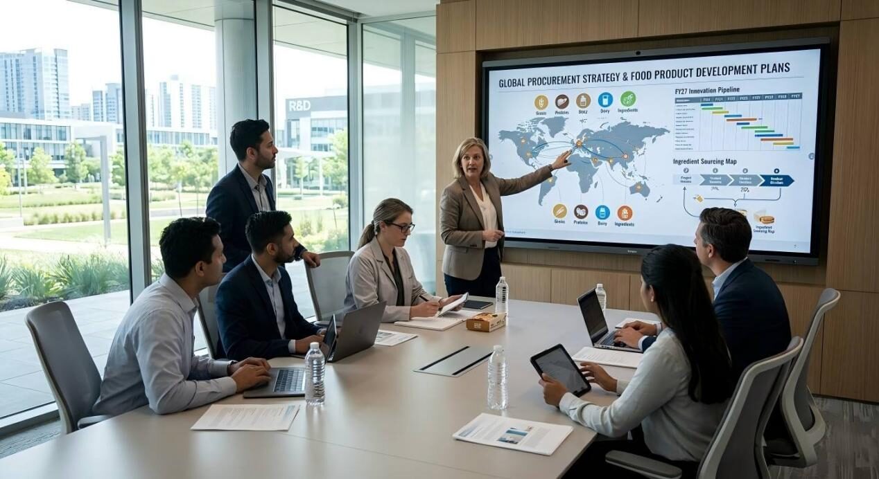 Business professionals and food scientists collaborate on global procurement and product development plans.