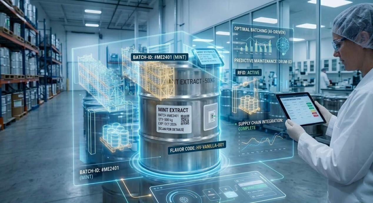 A futuristic composite image featuring a holographic digital twin of a warehouse superimposed over a physical flavoring drum.
