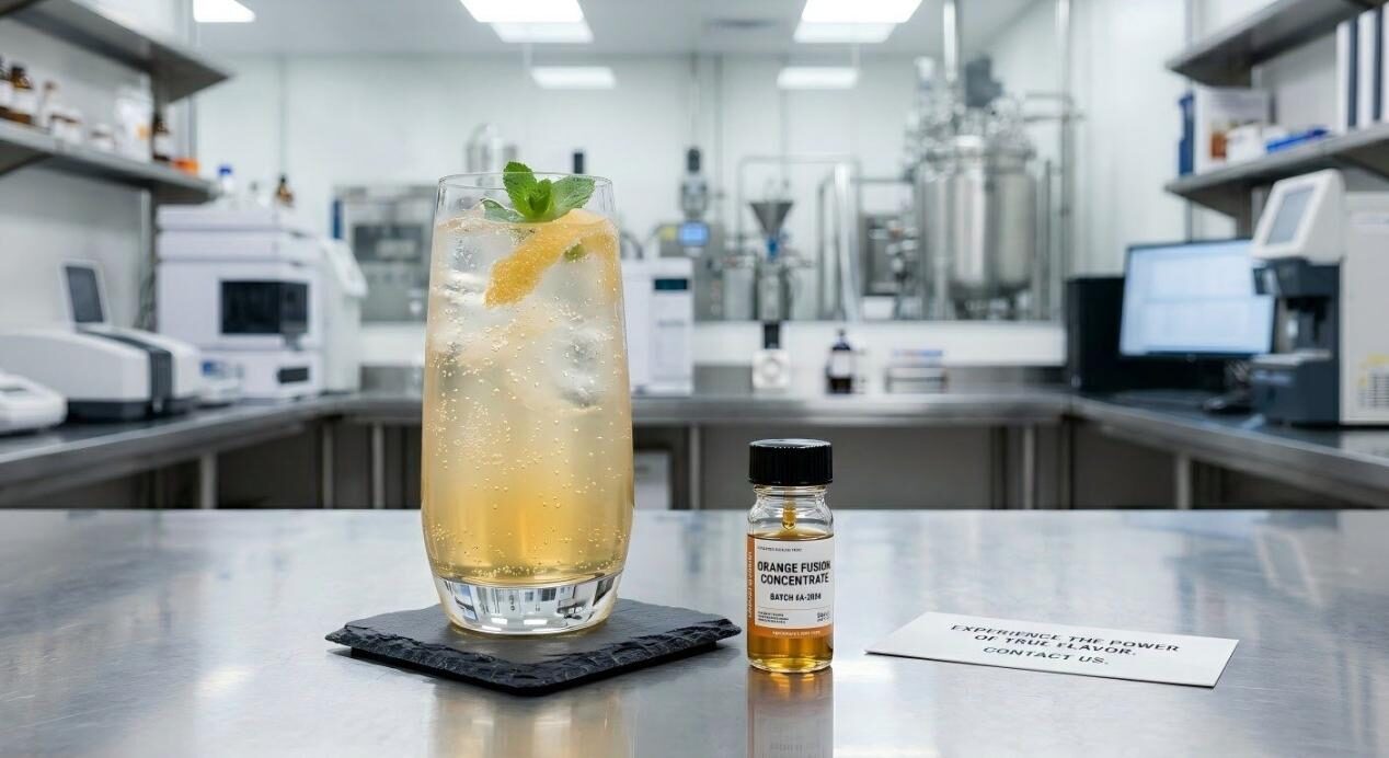 A refreshing final beverage application next to a flavoring vial, showcasing the high-quality consumer result.