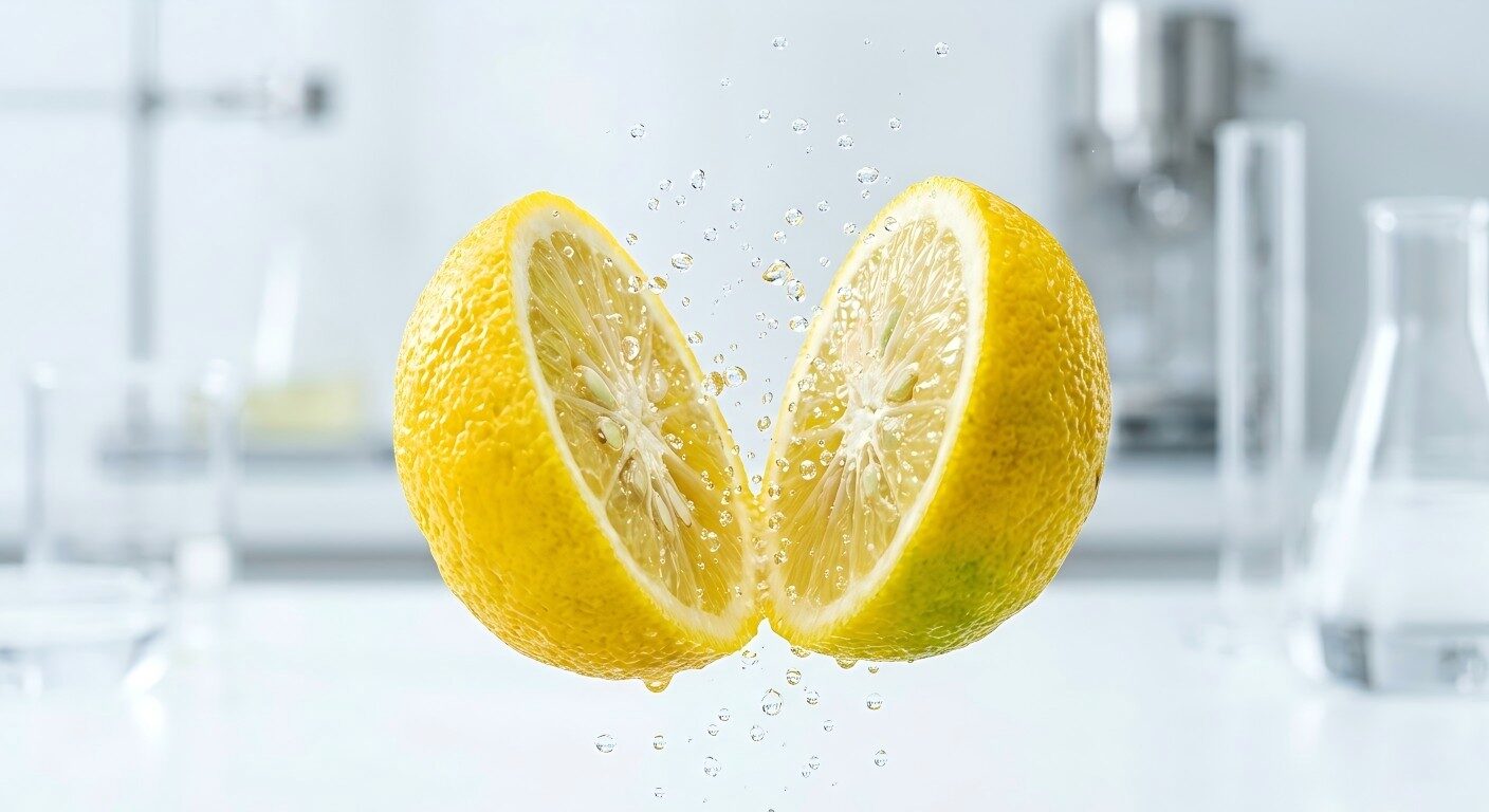 Una impresionante foto macro profesional de un Yuzu japonés fresco abierto, rodeado de salpicaduras de agua carbonatada con gas sobre un fondo limpio y minimalista.
