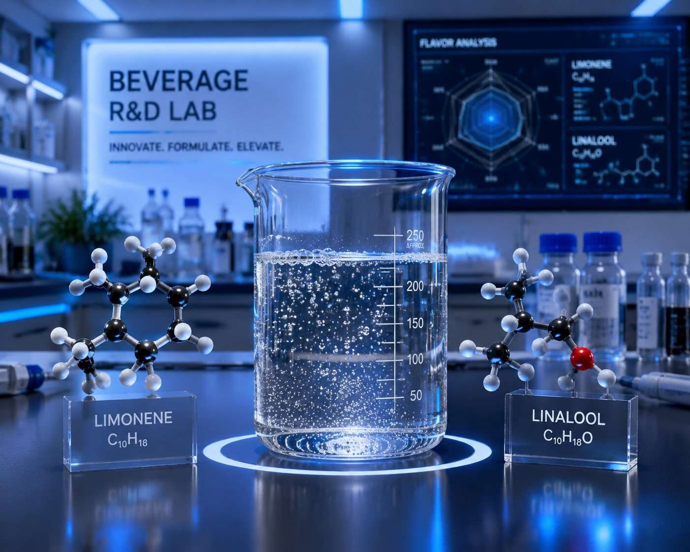 Un elegante laboratorio científico de investigación de bebidas que presenta un vaso de vidrio con líquido efervescente rodeado de modelos moleculares de compuestos de sabor como limoneno y linalol, iluminado con iluminación profesional de color blanco azulado.