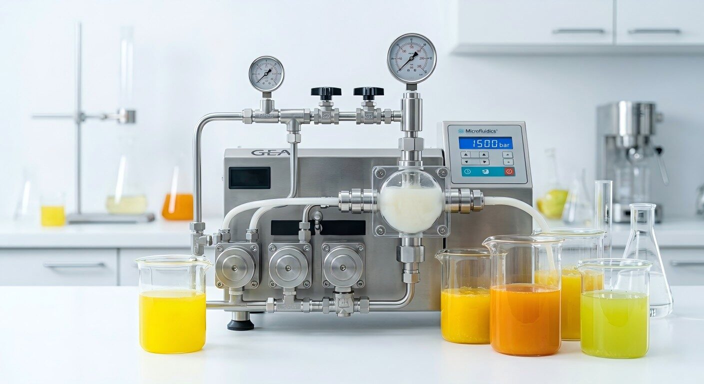Una configuración de laboratorio avanzada que incluye un homogeneizador de alta presión que procesa emulsiones de sabor cítrico de primera calidad, lo que demuestra una precisión científica profesional.