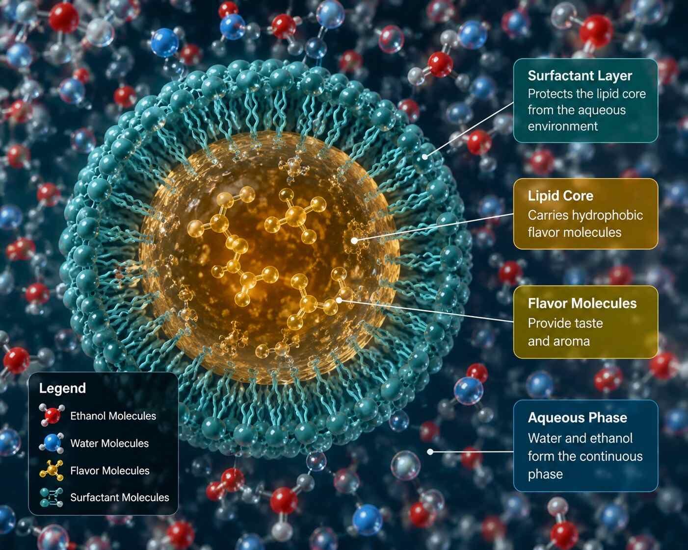 Una visualización macrocientífica en 3D muy detallada que muestra una gota de emulsión a base de lípidos que contiene moléculas de sabor, protegida por una capa de surfactante dentro de una mezcla de moléculas de etanol y agua.