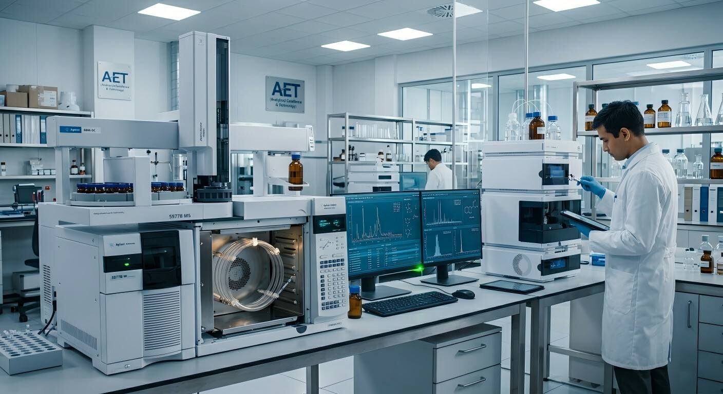 Un environnement de test analytique moderne présentant des installations de chromatographie en phase gazeuse-spectrométrie de masse (GC-MS) et de chromatographie liquide haute performance.