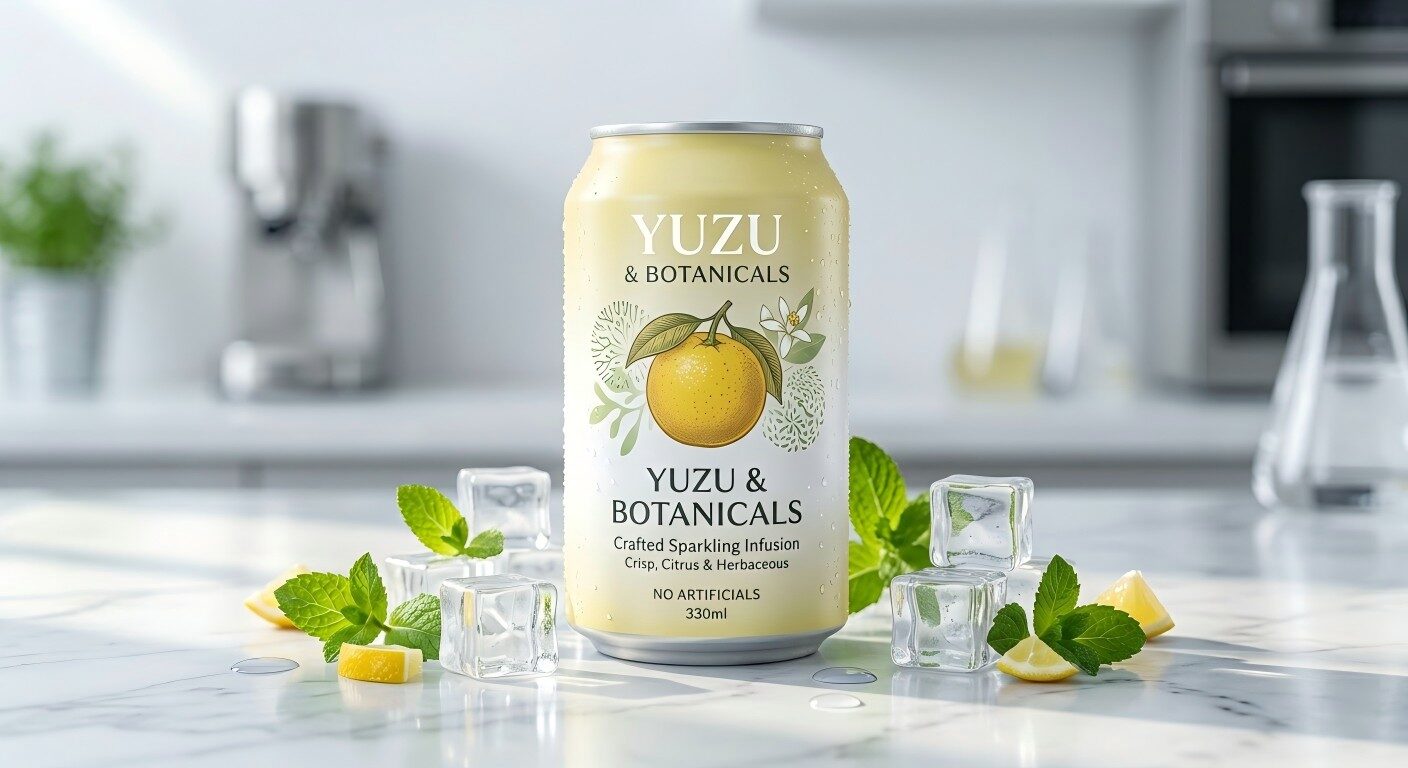 Una fotografía comercial de alta gama de una lata de refresco carbonatado Yuzu & Botanical, moderna y minimalista, decorada con hielo y menta fresca.