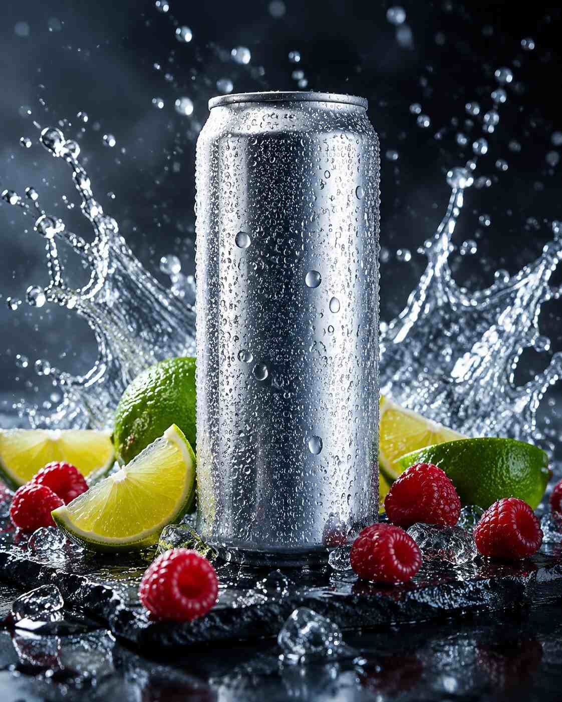 Una fotografía de producto comercial de primera calidad de una lata de agua mineral fría cubierta de condensación, rodeada de lima fresca, frambuesas y efectos de salpicaduras de agua que enfatizan el refresco y la retención del sabor.