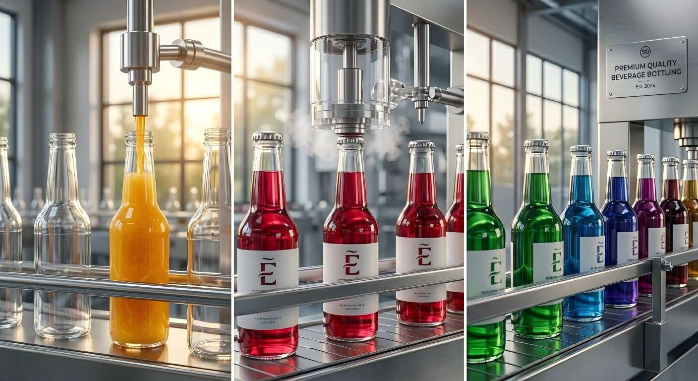 Une ligne d'embouteillage de boissons industrielles haut de gamme mettant en avant des processus de remplissage de liquides haut de gamme et des normes de production de haute qualité.