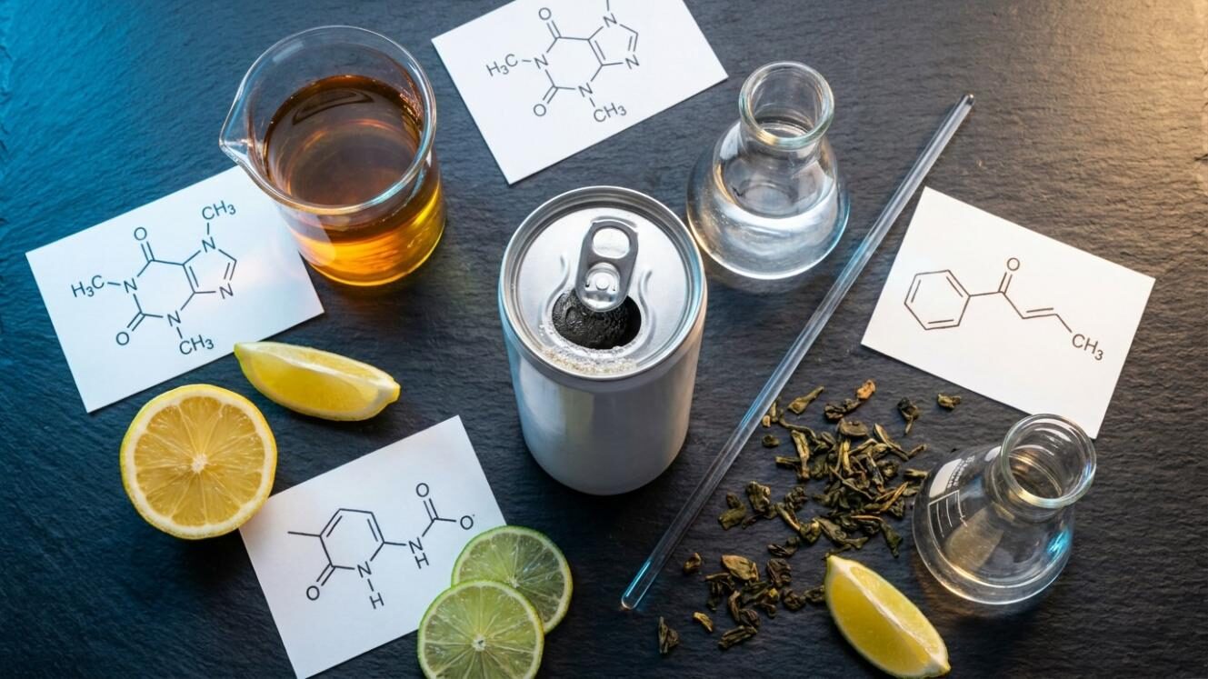A professional editorial photo of energy drink science: open cans, lab glassware, and natural flavor ingredients representing the advanced flavor modulation techniques used to mask caffeine bitterness in modern energy drinks.