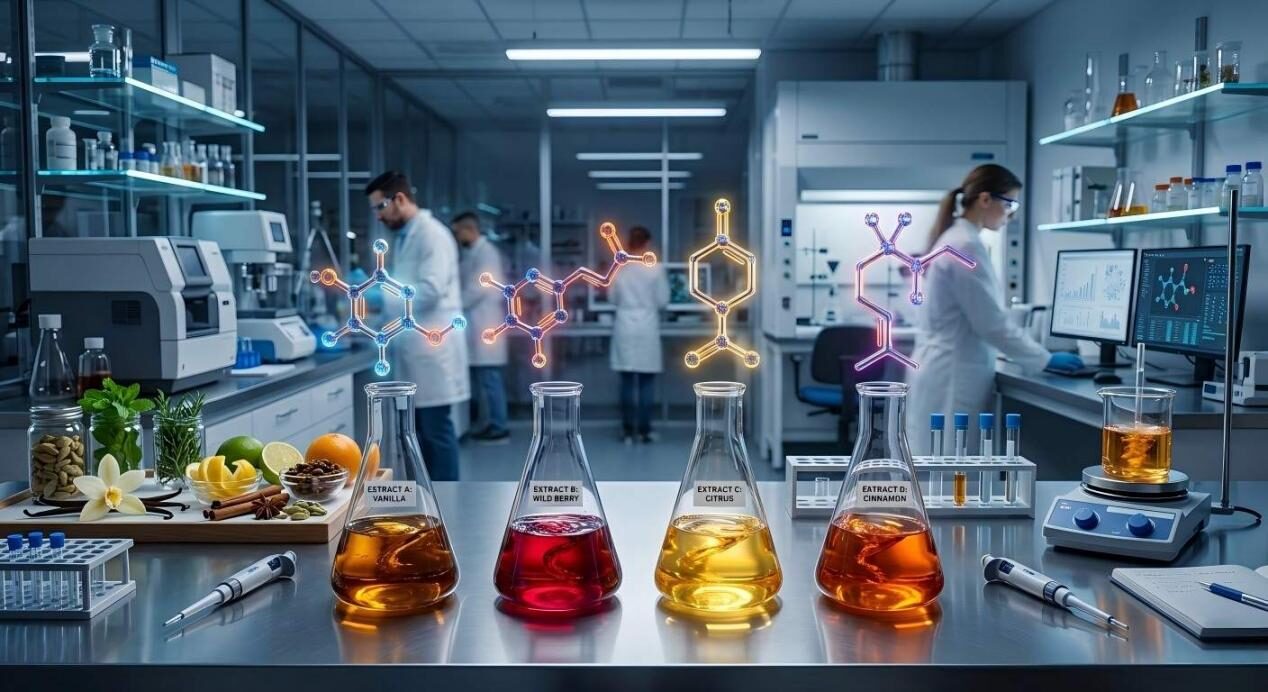 A cinematic view of a modern flavor chemistry laboratory featuring glowing molecular structures and botanical extracts.