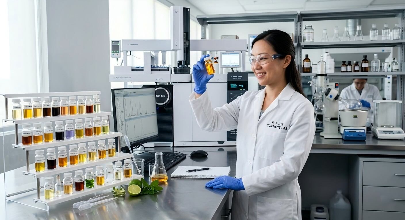 A professional high-tech flavor chemistry lab featuring advanced analytical equipment and expert food scientists.
