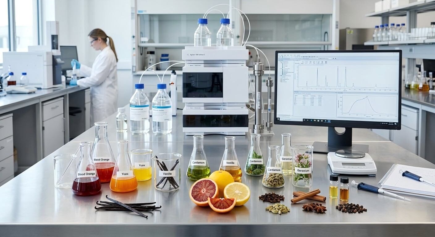 Explore a professional flavor chemistry laboratory showcasing cutting-edge food science technology, botanical extracts, and advanced analytical equipment.