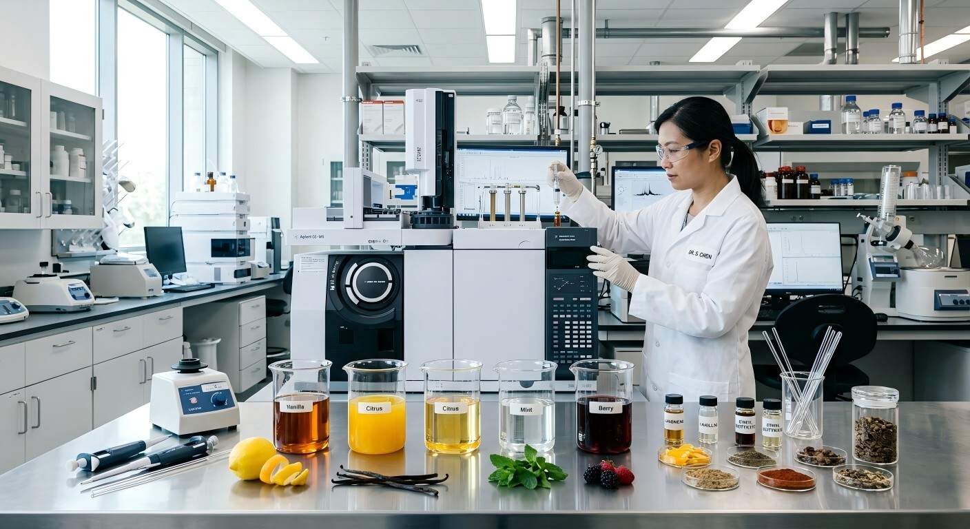 High-resolution editorial photography of a modern flavor chemistry laboratory featuring gas chromatography-mass spectrometry analysis for food science research.