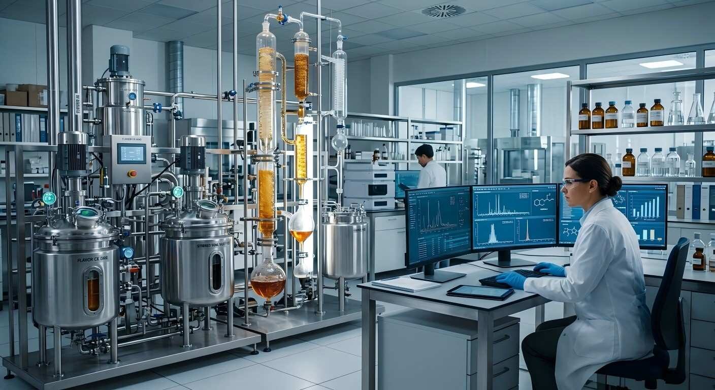 A high-tech clinical-grade flavor extraction laboratory featuring automated bioreactors and advanced chromatography data analysis.