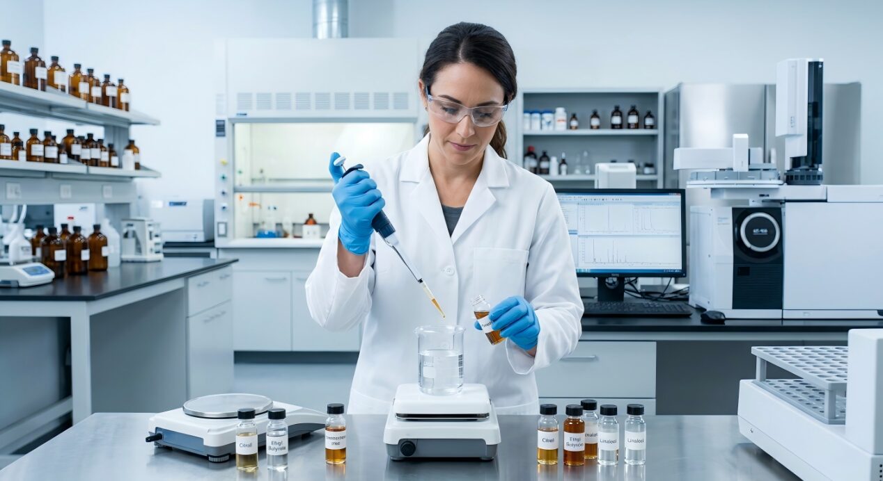 A professional flavorist working in a sterile laboratory using precision tools and GC-MS equipment for beverage development.