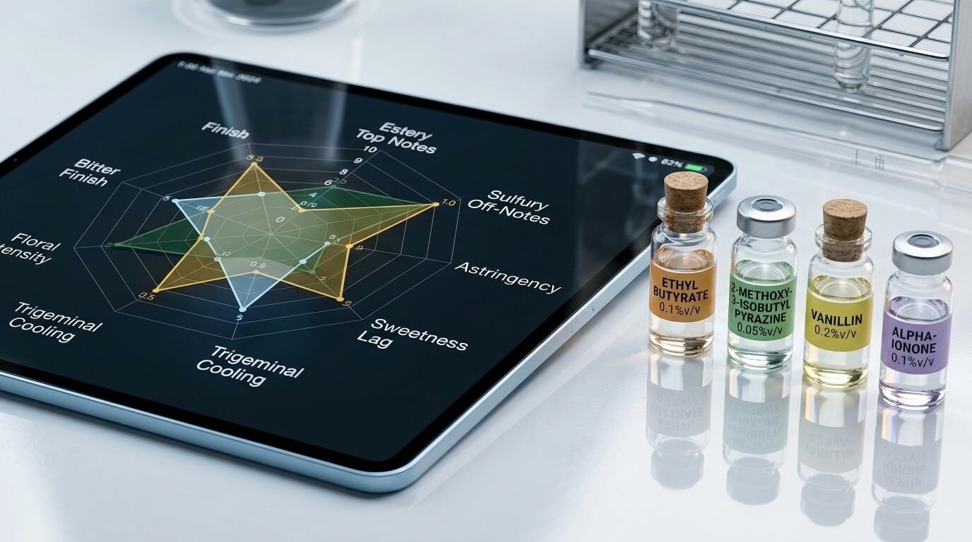 A high-resolution tablet displays a complex flavor profile radar chart alongside premium flavor extract vials in an analytical, high-tech setting.