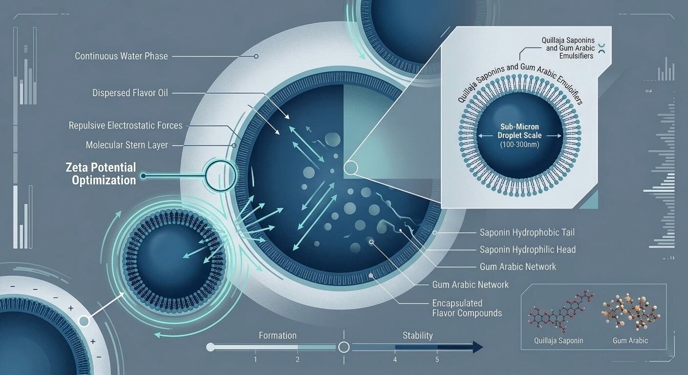 A technical infographic detailing the molecular mechanics of oil-in-water flavor emulsions, highlighting sub-micron droplet scale and stabilization techniques.