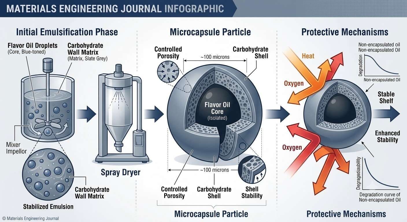 Detailed technical infographic illustrating the molecular process of spray-dried microencapsulation for stable flavor delivery in food engineering.
