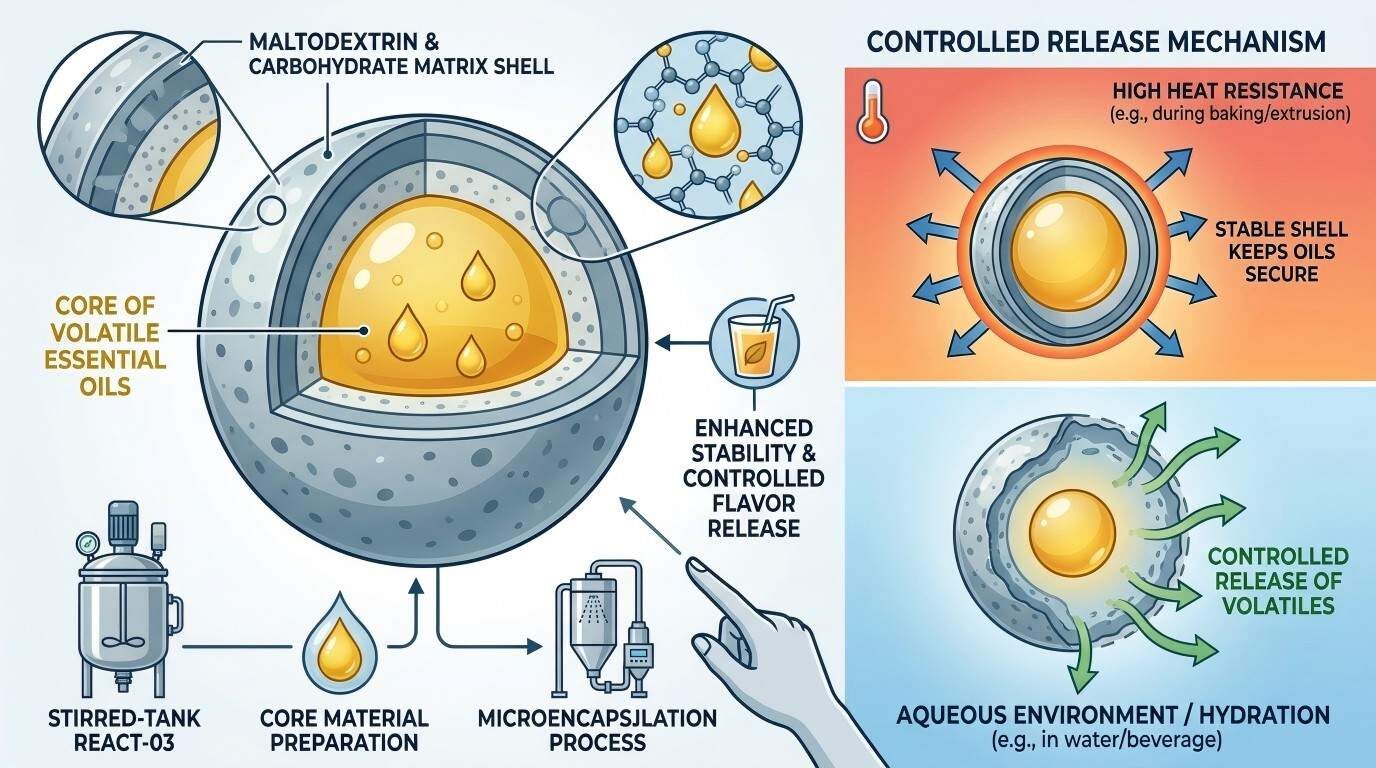A detailed scientific cross-section infographic illustrating microencapsulated flavor particles, heat resistance, and controlled release mechanisms.