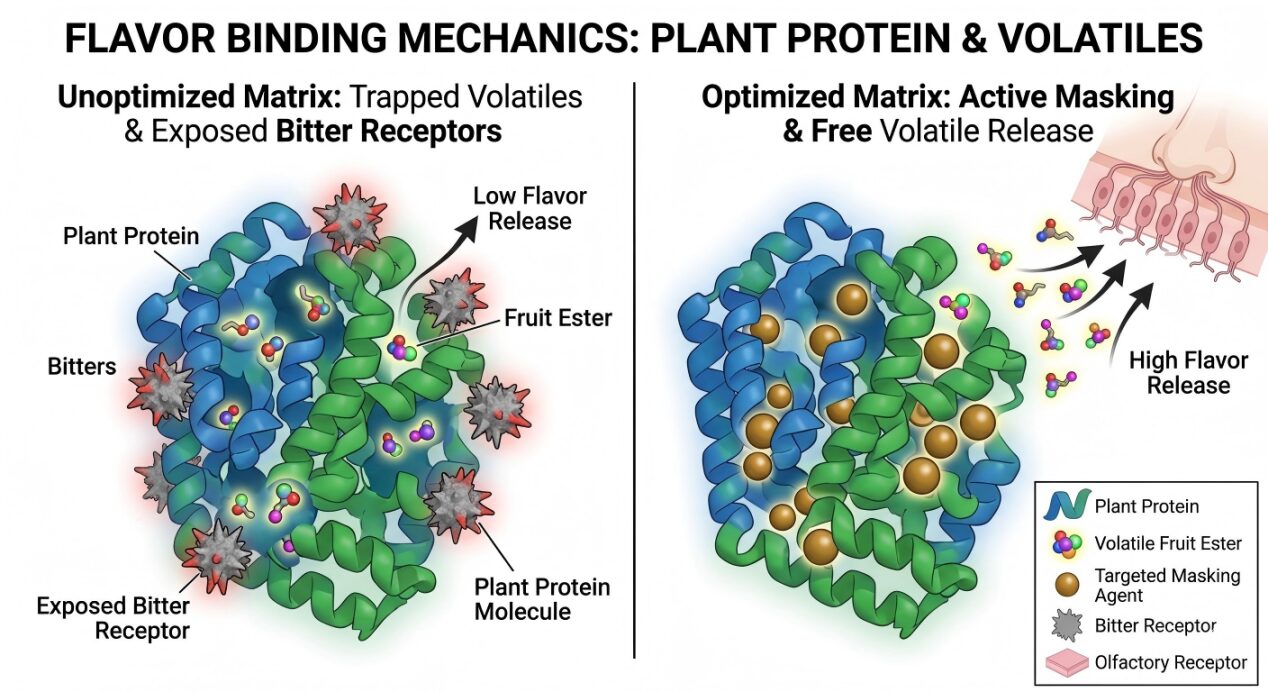A comparative technical diagram illustrating flavor binding mechanics in plant protein matrices and the effect of masking agents on flavor release.