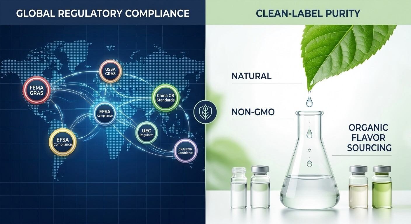 A conceptual visual representing global regulatory compliance for flavors alongside clean-label, natural, and sustainable ingredient sourcing.