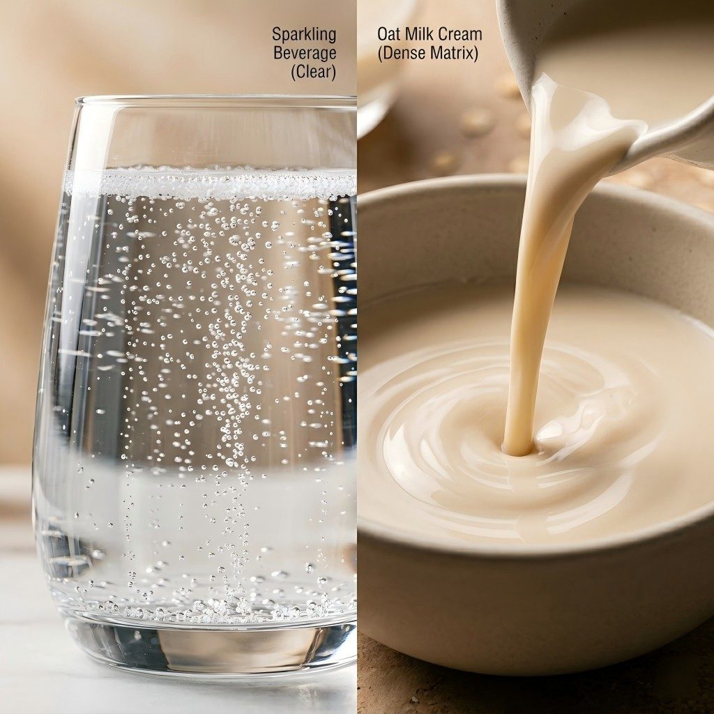 Professional food-styling photography showcasing the versatility of flavor application in sparkling beverages and smooth plant-based oat milk.