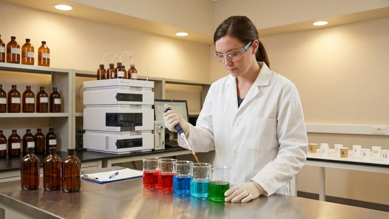 A food scientist at CUIGUAI Flavoring precisely formulating a caffeine bitterness masking system for energy drinks — combining T2R antagonists, flavor modifiers, and co-flavor strategies in a professional analytical laboratory.