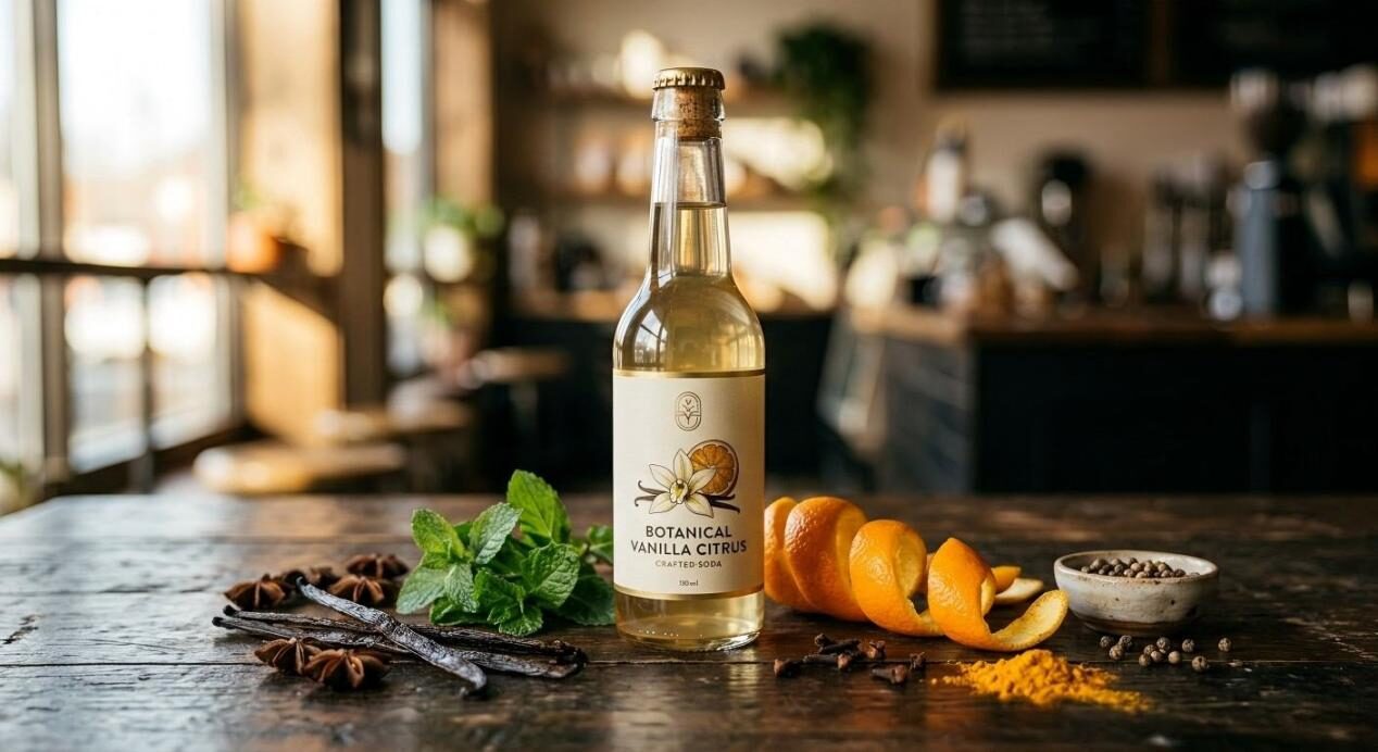 A professional product shot showcasing a modern beverage bottle surrounded by fresh raw ingredients.