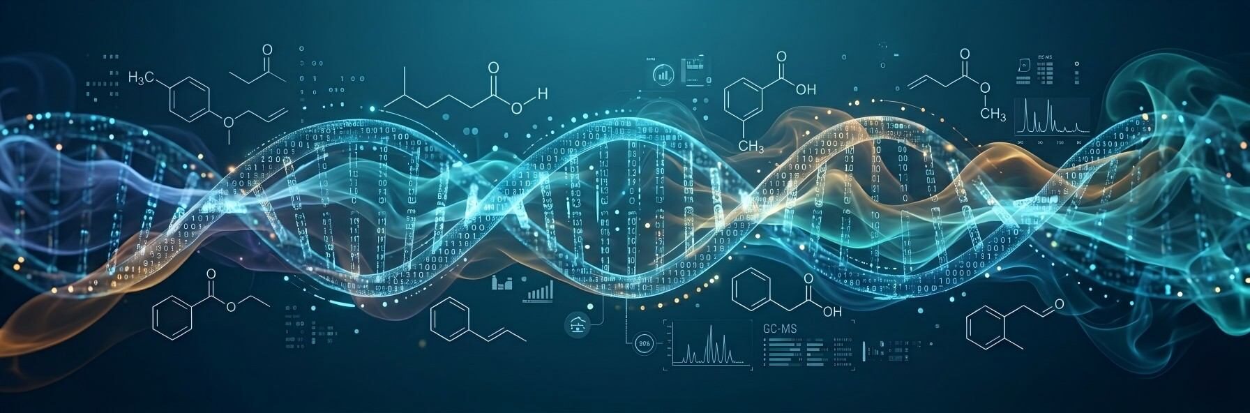 Abstract conceptual digital art visualizing the future of flavor technology with molecular structures and digital data integration for food innovation.