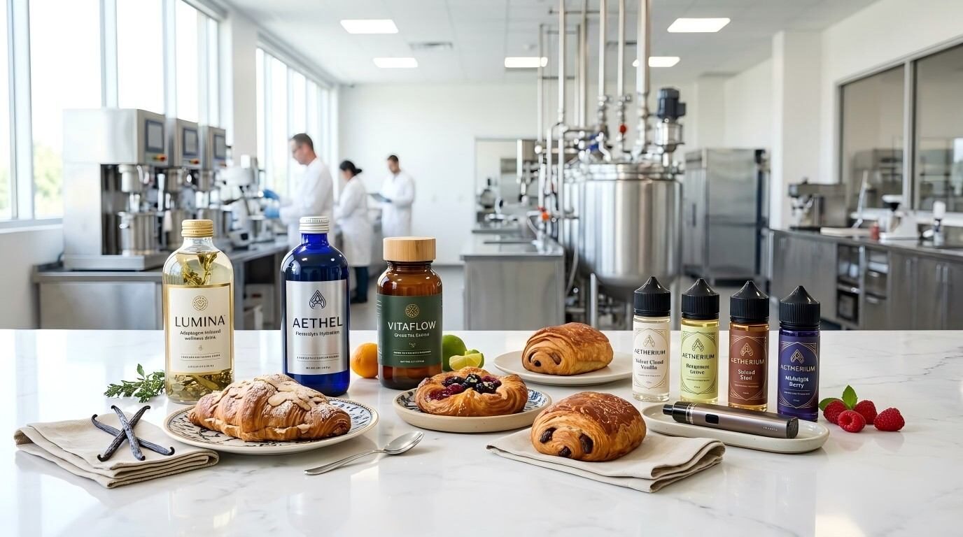 A curated commercial product display of functional drinks and pastries on a marble surface, set against an out-of-focus industrial flavor compounding facility.