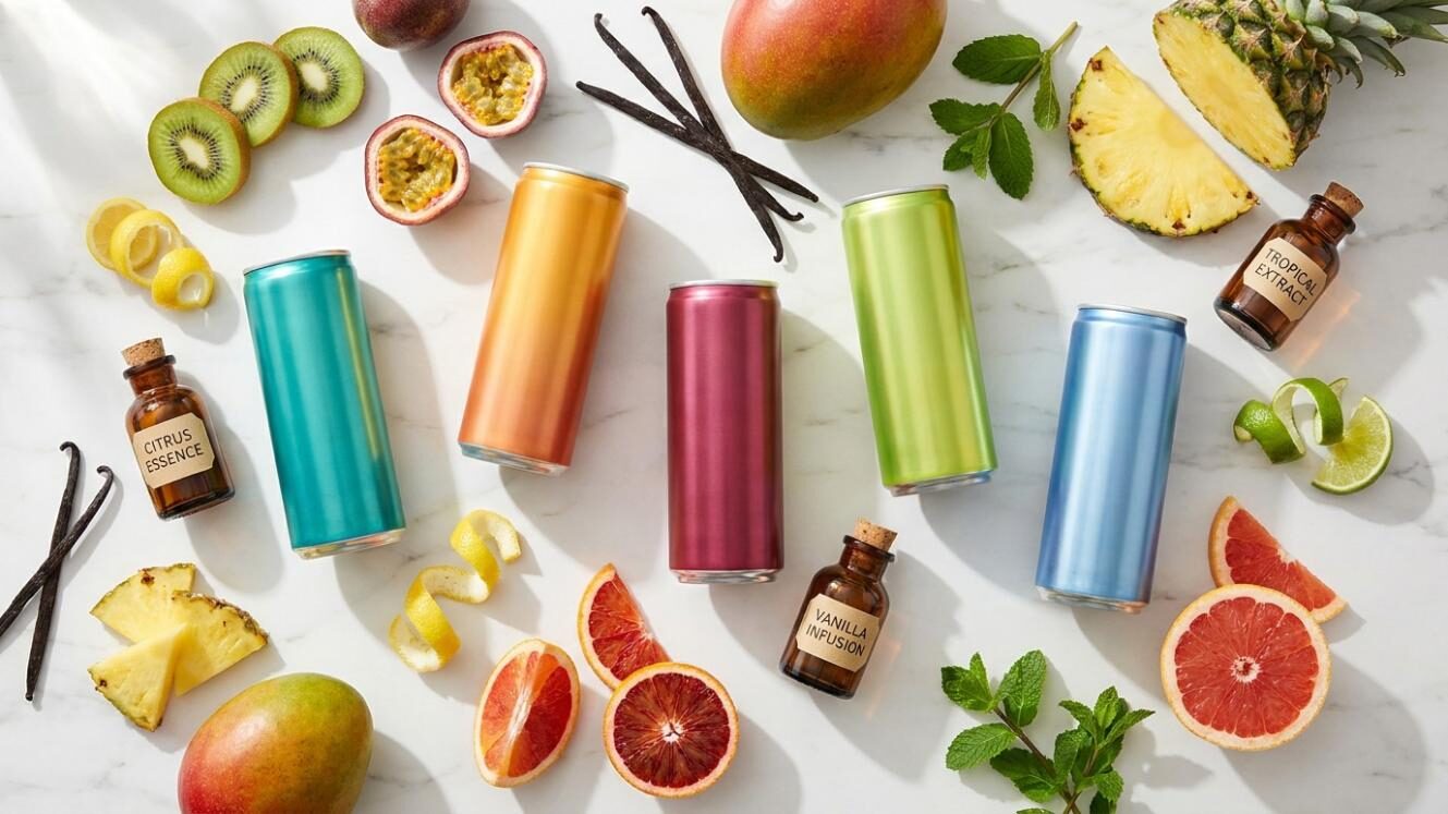 A premium product display showing diverse energy drink flavors with natural ingredients — representing CUIGUAI Flavoring's comprehensive beverage flavor systems engineered for optimal caffeine bitterness management and consumer palatability.