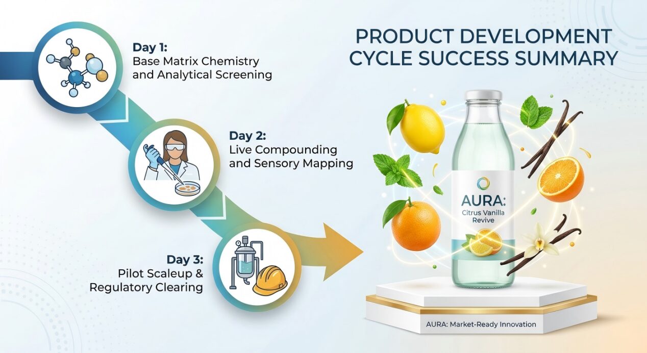 An infographic summarizing a successful three-day product development cycle, from base chemistry to a retail-ready beverage launch.