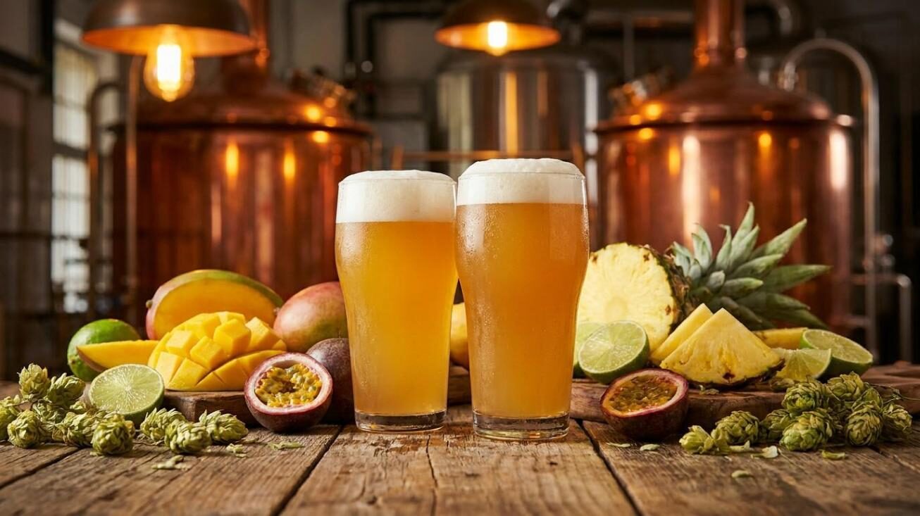 质朴的啤酒厂桌子上摆着两品脱金色 IPA，周围环绕着新鲜的热带水果和啤酒花球果——这是 CUIGUAI Flavoring 精酿啤酒酿造中热带水果与啤酒花搭配技术指南的英雄形象。