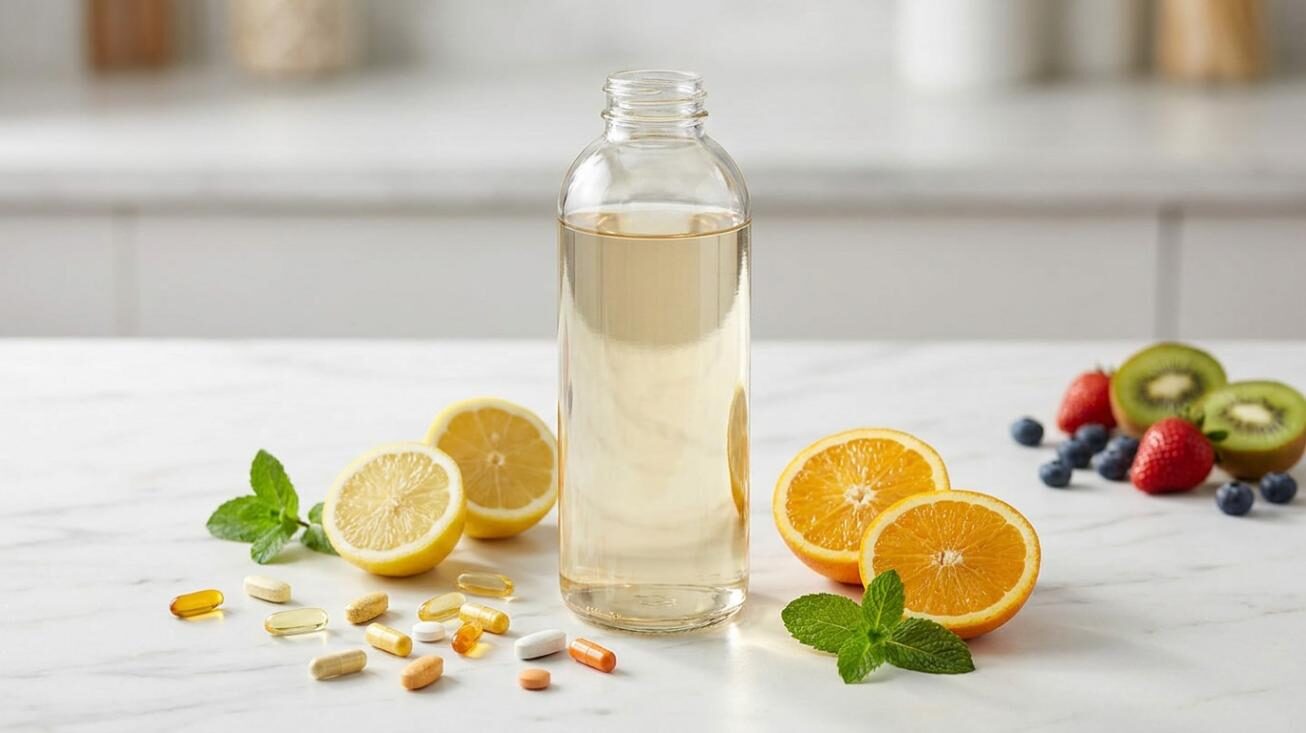 Une bouteille d'eau enrichie en vitamines entourée d'agrumes et de suppléments vitaminiques — image de héros du guide technique complet de CUIGUAI Flavoring sur les défis de stabilité de la saveur dans la formulation d'eau enrichie en vitamines.