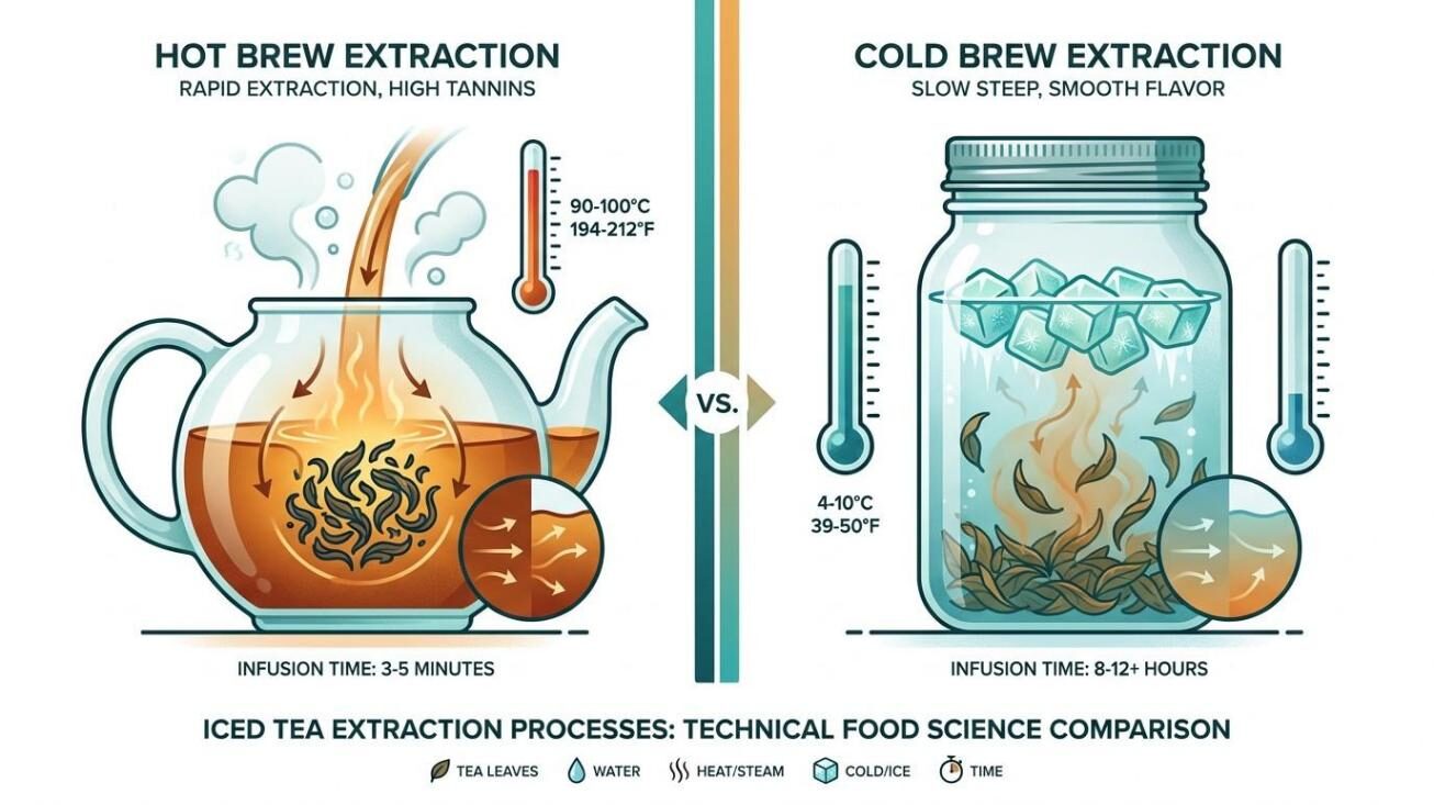 Une illustration technique en vue divisée comparant les méthodes d'extraction du thé chaud et froid, montrant comment la température affecte le rendement en catéchine, la rétention des composés aromatiques et le profil final de saveur du thé glacé.