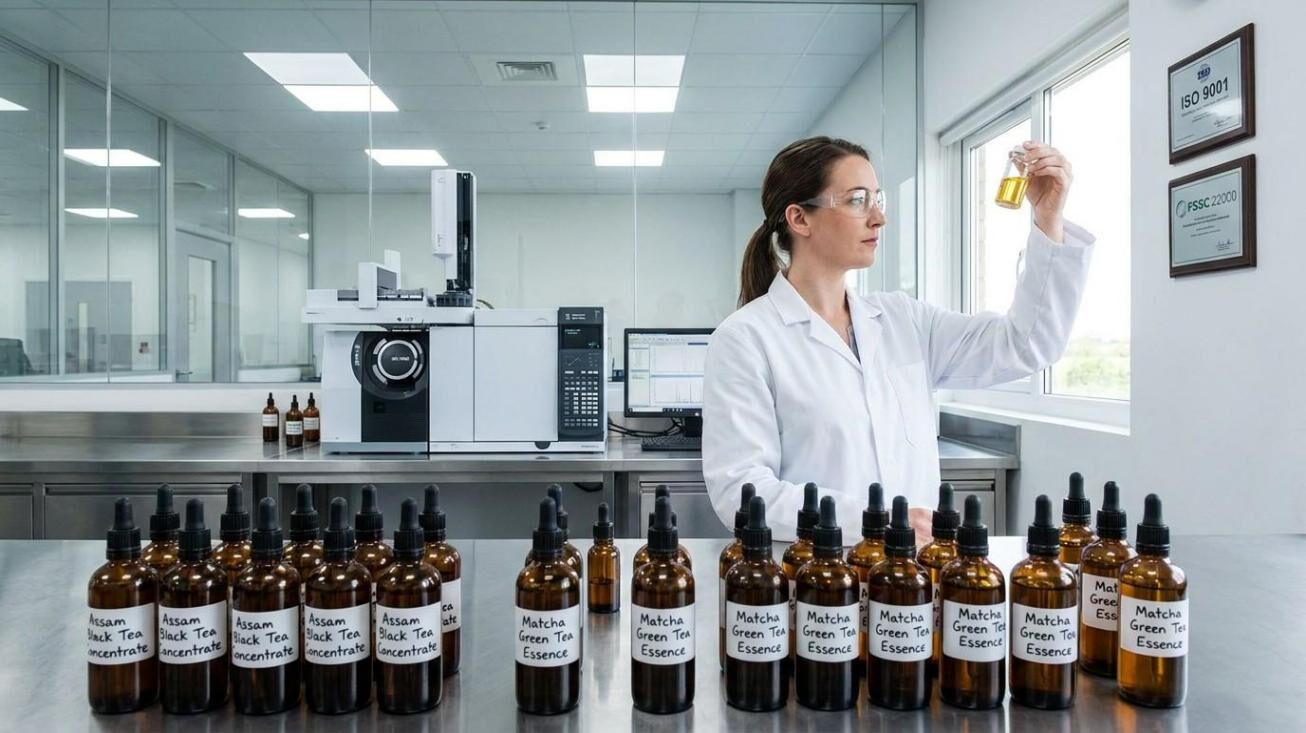 Le laboratoire de R&D sur les boissons de CUIGUAI Flavoring comprend des équipements d'analyse GC-MS, des systèmes de fractionnement des polyphénols et des lignes de production de concentrés d'arômes de thé — soutenant le développement d'arômes de thé glacé authentiques pour les fabricants mondiaux de RTD.