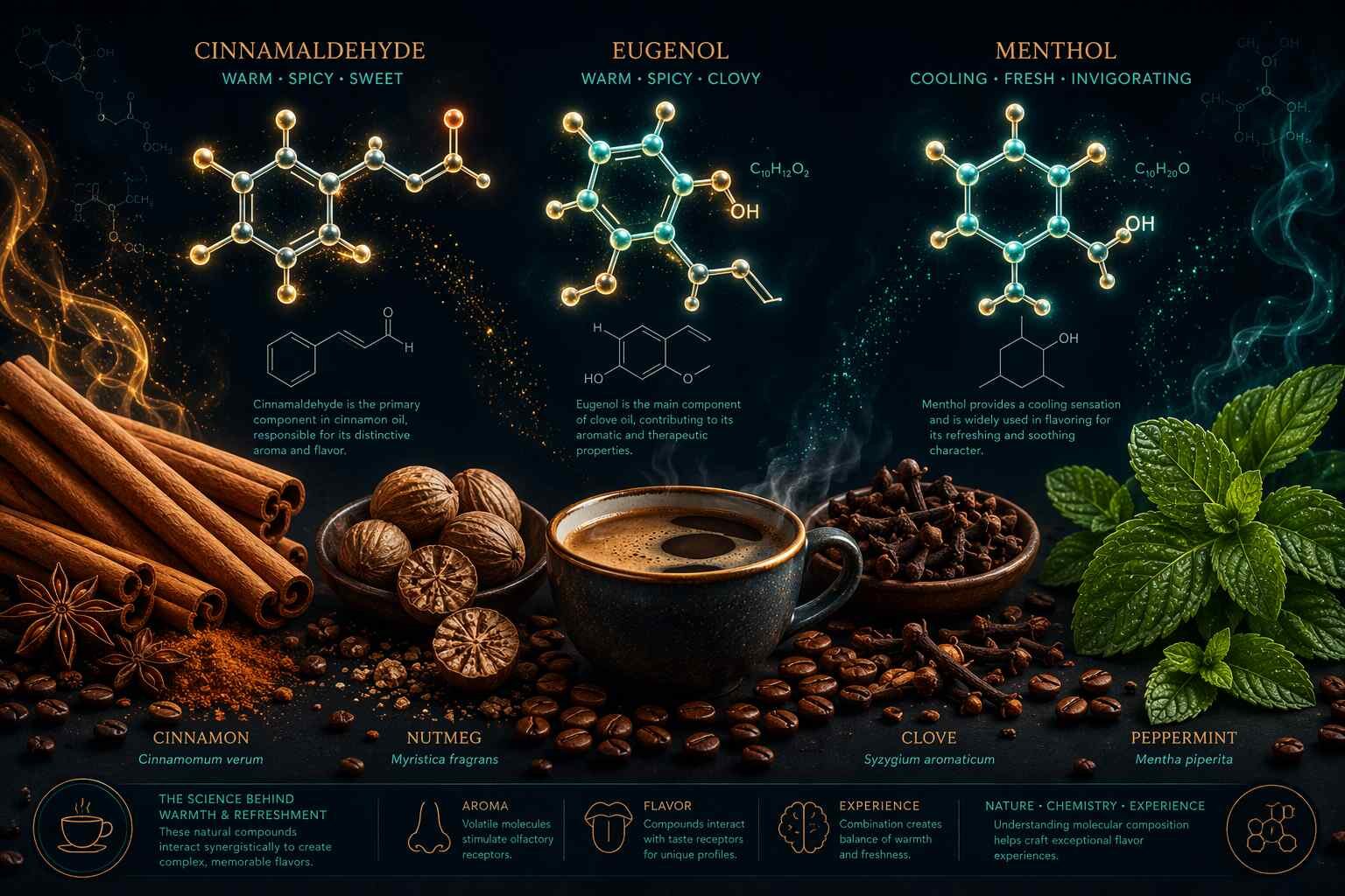 Visualisation scientifique des molécules aromatiques clés dans les sirops saisonniers : cinnamaldéhyde (cannelle), eugénol (clou de girofle) et menthol (mocha à la menthe). Référence essentielle pour les formulateurs d’arômes alimentaires développant des sirops de café à l’épice de citrouille et à la mocha à la menthe poivrée.