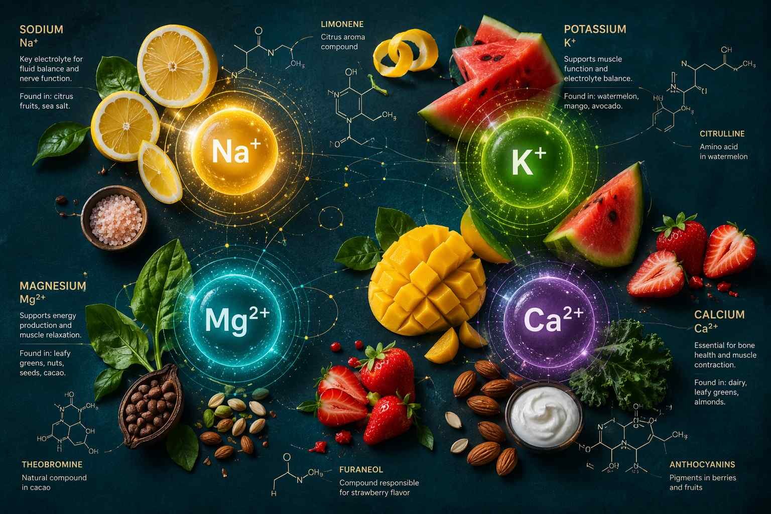 电解质矿物离子与热带风味化合物在补水粉末配方中的相互作用科学示意。涵盖钠、钾、镁、钙及其对柑橘和水果风味轮廓的感官影响。