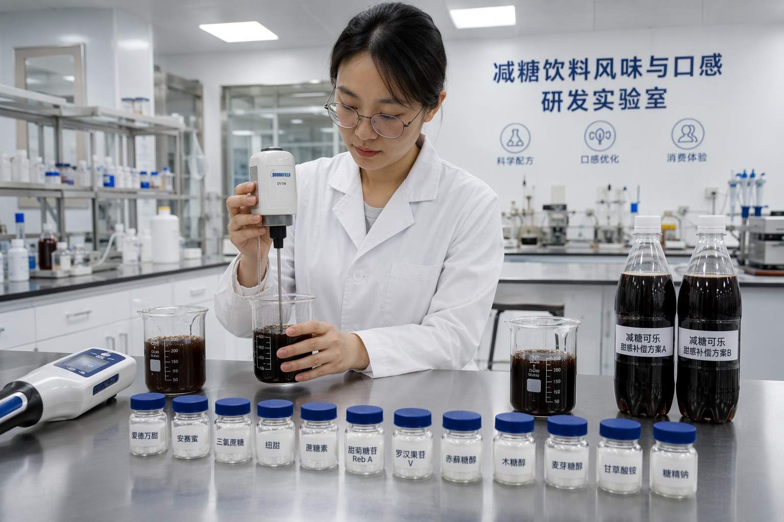 Inside CUIGUAI Flavoring's professional beverage flavor R&D laboratory in Guangdong, China. Specialized development of flavor enhancer and mouthfeel recovery systems for reduced-sugar and zero-sugar carbonated soda formulations.
