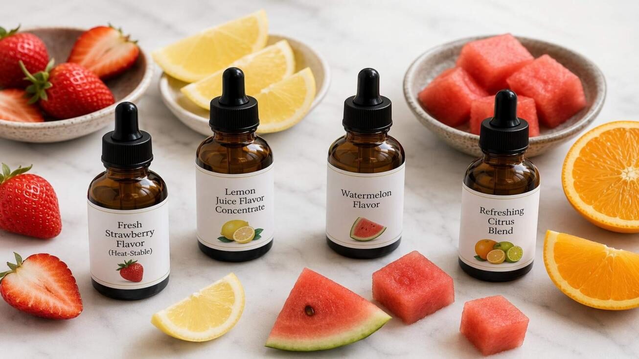 مجموعة تركيز نكهات الفواكه المستقرة حراريًا من CUIGUAI Flavoring لتطبيقات العصائر المبسترة — فراولة طازجة، نكهة عصير الليمون، بطيخ، ومزيج الحمضيات — مع ديكورات فواكه طازجة على رخام أبيض. متوفرة لتوريد إنتاج العصائر OEM على مستوى العالم، مدعومة ببيانات التحقق من HTST ومستندات تنظيمية كاملة.